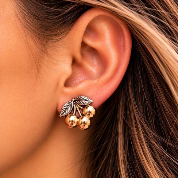 Torrid Jewelry - Dainty Gold Tone Cherry Stud Earrings Silver Tone Leaves Fruit Cottagecore